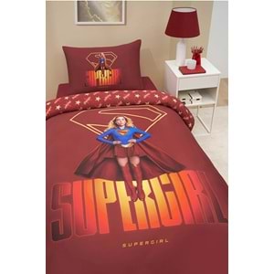 Özdilek Lisanslı Lastikli Çarşaflı Tek Kişilik Çocuk Nevresim Takımı-Super Girl Bordo