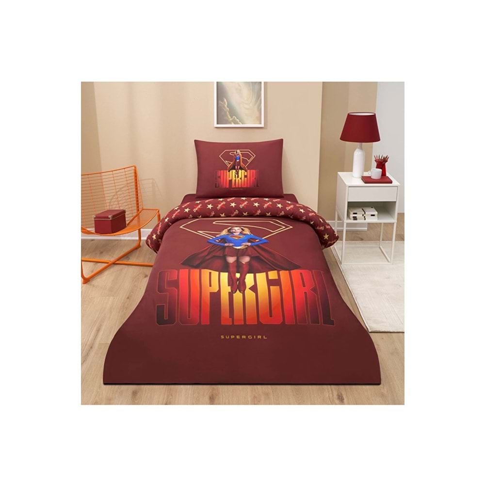 Özdilek Lisanslı Lastikli Çarşaflı Tek Kişilik Çocuk Nevresim Takımı-Super Girl Bordo