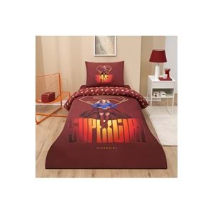 Özdilek Lisanslı Lastikli Çarşaflı Tek Kişilik Çocuk Nevresim Takımı-Super Girl Bordo