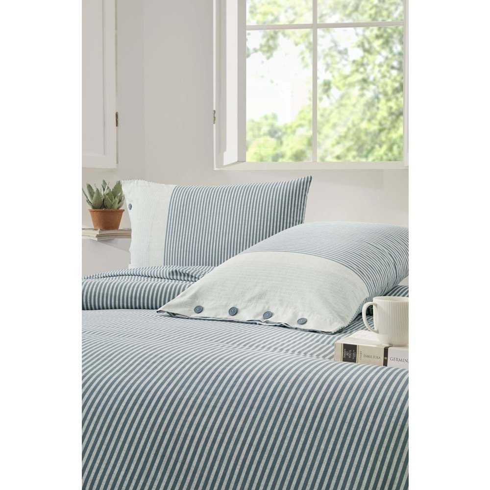 Özdilek Ranforce -Natural Line Mavi- Battal Boy (King Size) Çift Kişilik Nevresim Takımı