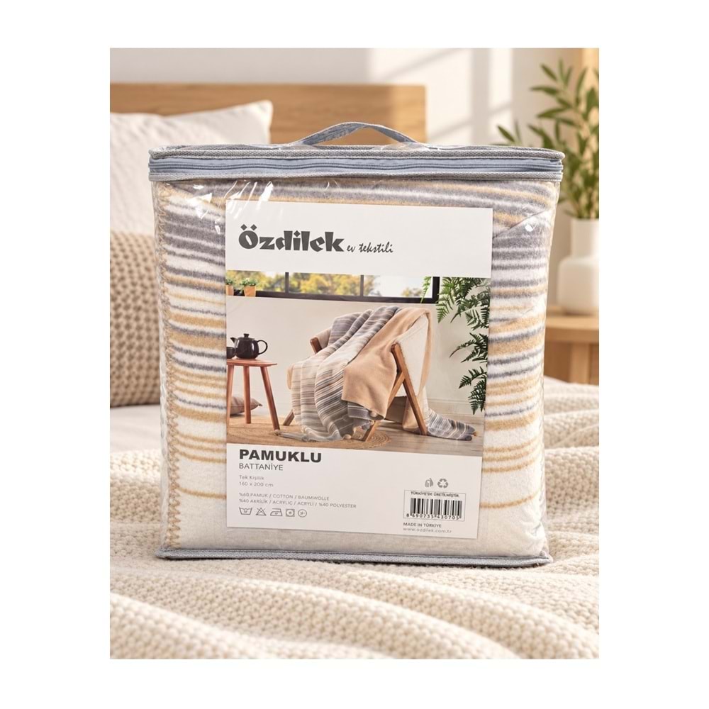 Özdilek Pamuklu Ponponlu Tek Kişilik Battaniye (150x200)-Stripe Camel