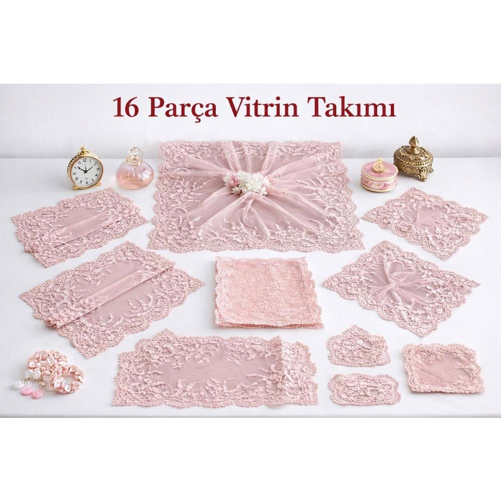 Fransız Dantelli Örümcek Ağı Dokuma Vitrin Seti 16 Parça Pudra Pembe