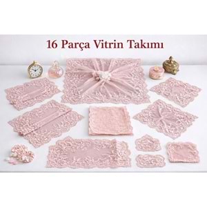 Fransız Dantelli Örümcek Ağı Dokuma Vitrin Seti 16 Parça Pudra Pembe