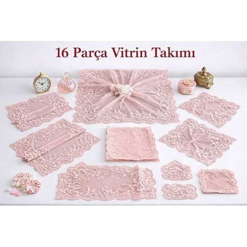 Fransız Dantelli Örümcek Ağı Dokuma Vitrin Seti 16 Parça Pudra Pembe