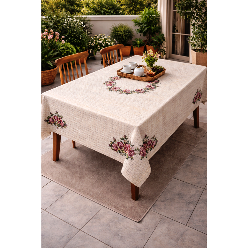 Mandaş Kanaviçe İşlemeli Hasır dokuma masa örtüsü 160*220 krem