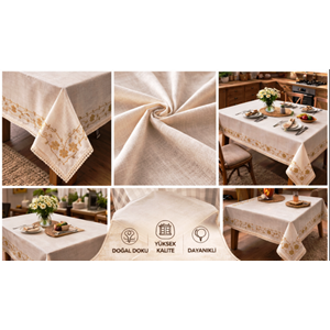 Mandas lase işlemeli organize ipek masa örtüsü krem 160*160