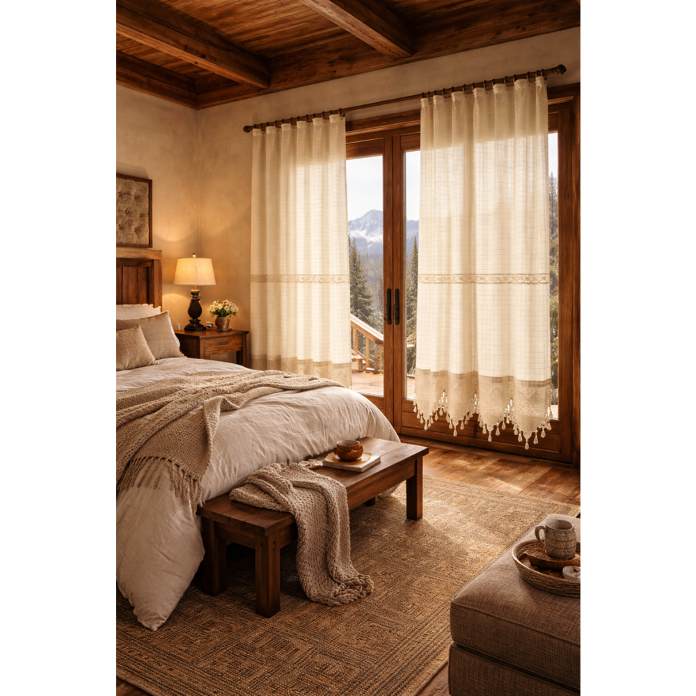 Buldan Monika El Örme Dantelli Naturel Otontik Perde 200*220 2 prç