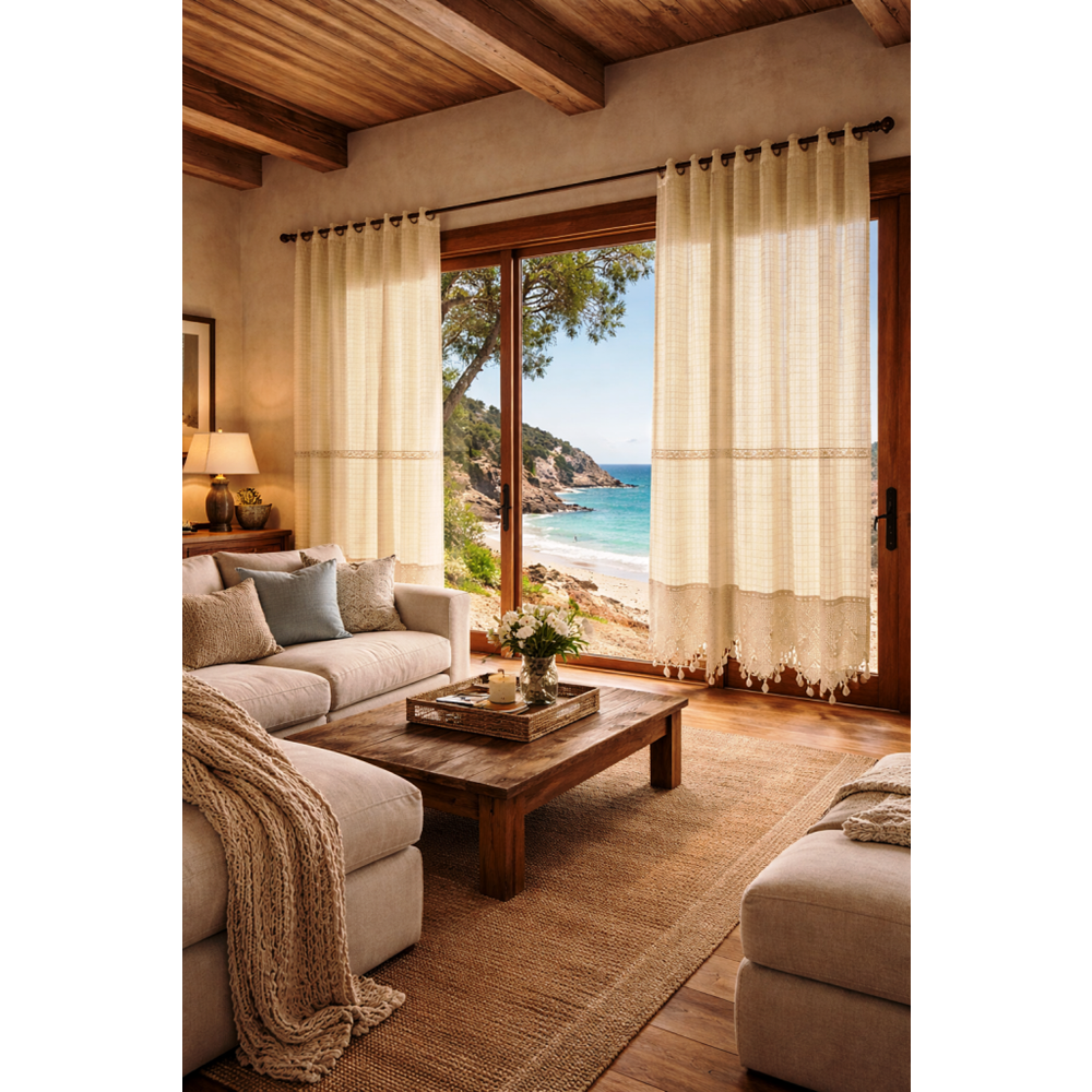 Buldan Monika El Örme Dantelli Naturel Otontik Perde 200*220 2 prç