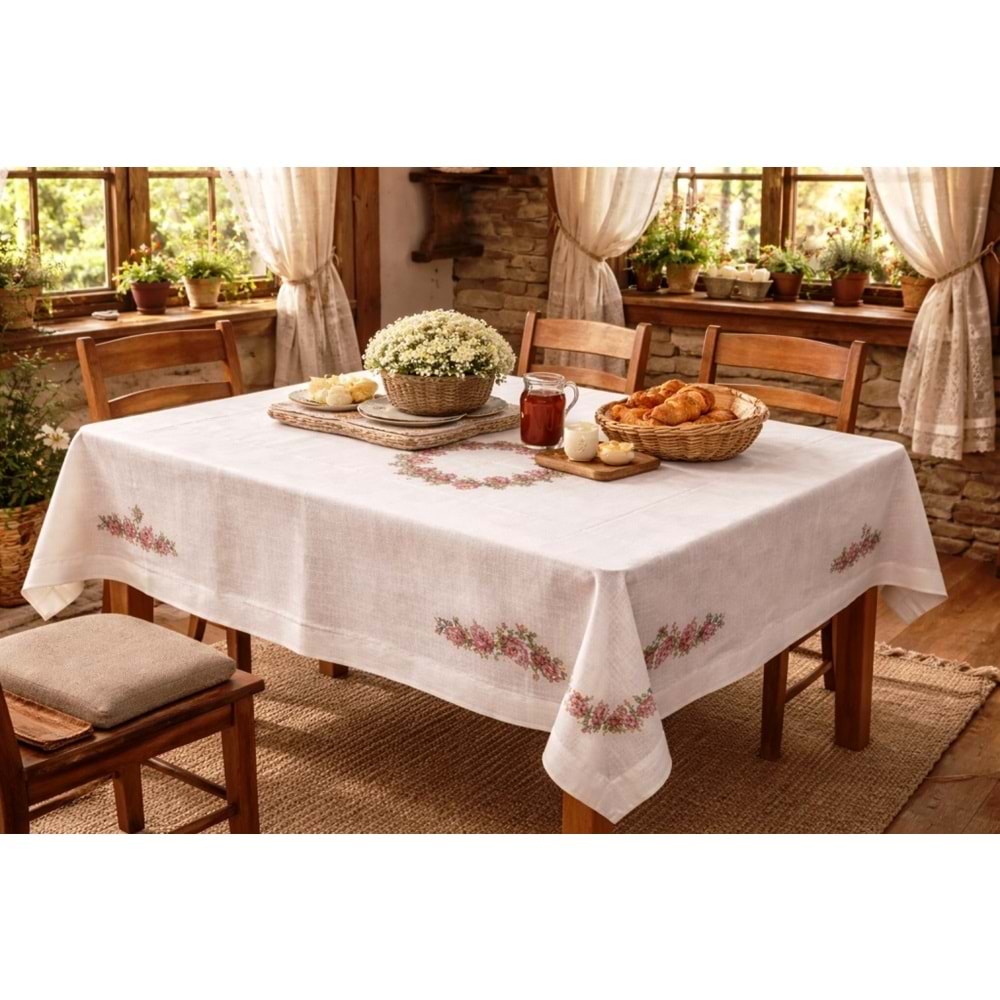 mandaş Kanaviçe işlemeli buldan ipeği masa örtüsü kırmızı 140*180